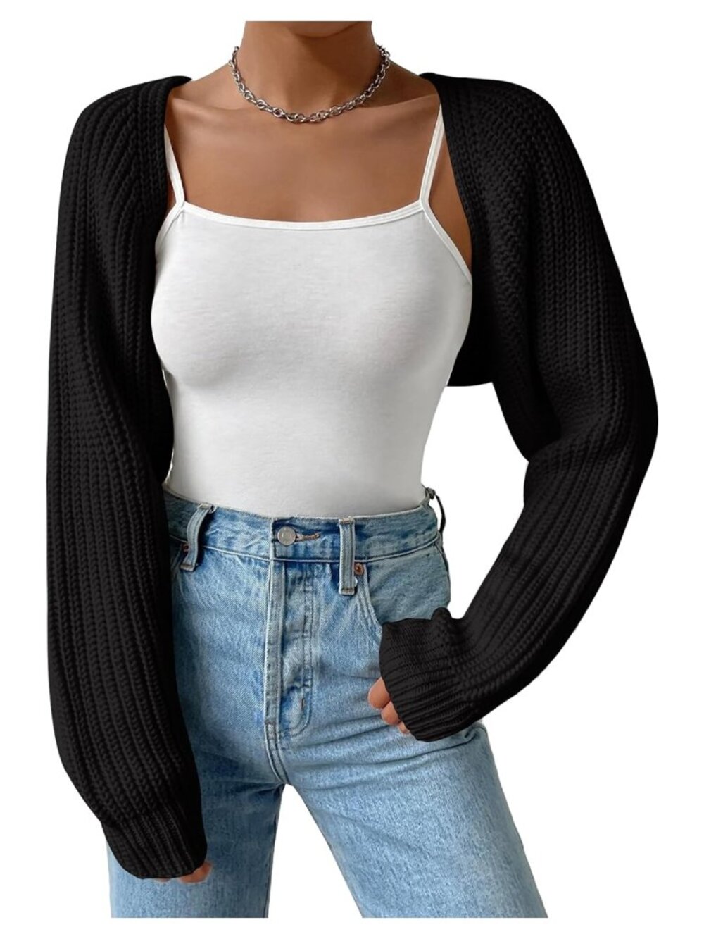 Acrylic Open Front Crop Cardigan Long Sleeve Drop Shoulder Knit Shrug Sweater